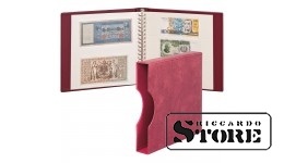 LINDNER banknote album in cherry color with white interleaves and a protective slipcase.