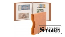 LINDNER banknote album in light brown color with white interleaves and a protective slipcase.