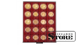 RAUCHGLAS coin box with 20 square compartments designed for 50x50 mm coin holders, CARRÉE, and OCTO coin capsules. Perfect for storing and protecting your coin collection.