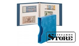LINDNER banknote album with white interleaves and protective cassette — blue.