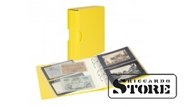 Universal banknote album PUBLICA M COLOR in yellow (Solino) with matching protective slipcase. Includes 10 double-sided Multi Collect sheets in 2 pocket formats.