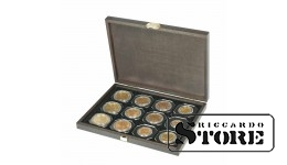 CARUS XM wooden cassette with 12 square compartments for coins/coin capsules with an external diameter of 52 mm.