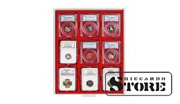 Red velour tray 2219E sized 63 x 85 mm for storing coins and medals.