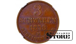 Oldenburgi Suurhertsogiriik, 3 Schwaren, 1858 aasta, vask, NGC, MS 62 BN, Top PoP