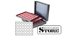 NERA XL cassette with 3 inserts and light red velvet-covered tablets for storing 105 coins with a diameter of 32.5 mm, for example, for storing silver coins from Germany with a 20/10 euro denomination.