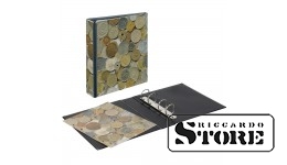 Empty PUBLICA M ring binder with "Coins" design.