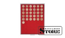 Punane veluuralus 2154E läbimõõduga 25,75 mm müntide ja medalite hoidmiseks.