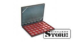 NERA M case with a dark red insert for 35 round compartments for coins with a diameter of 32.5 mm, for example, to store German silver coins with a denomination of 20/10 euros.