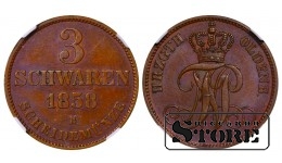 Oldenburgi Suurhertsogiriik, 3 Schwaren, 1858 aasta, vask, NGC, MS 62 BN, Top PoP