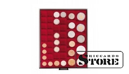 Dark red velour tray, model 2745E, designed to hold coins with diameters ranging from 24 to 44 mm. The flexible compartments make it suitable for coins of various sizes, ensuring safe and elegant storage.