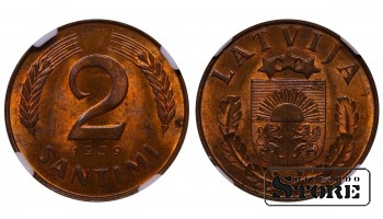 Läti, 2 Santimi, 1939 aasta, pronks, NGC, MS 64 RB