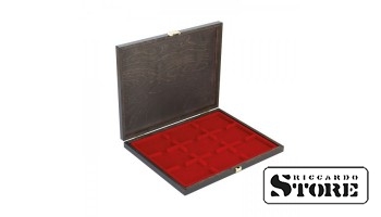 CARUS-1 case made of natural wood with dark red tray for storing 9 slabbed coins sized 63x85 mm from American grading companies