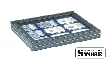 NERA M PLUS case with dark blue tray for storing 9 slabbed coins sized 63x85 mm from American grading companies