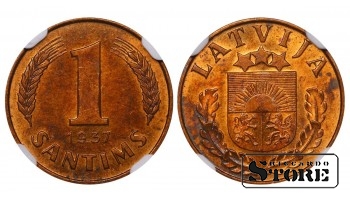 Латвия, 1 сантим 1937 г., Бронза, NGC UNC DETAILS, KM#10
