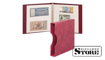 LINDNER banknote album in cherry color with white interleaves and a protective slipcase.