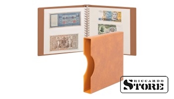 LINDNER banknote album in light brown color with white interleaves and a protective slipcase.