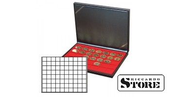 NERA M case with a light red tray for 80 square cells to hold coins/coin capsules up to 24 mm in diameter.