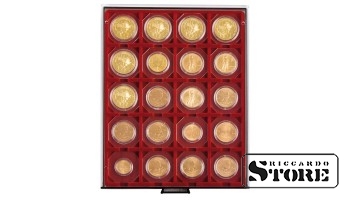 RAUCHGLAS coin box with 20 square compartments designed for 50x50 mm coin holders, CARRÉE, and OCTO coin capsules. Perfect for storing and protecting your coin collection.