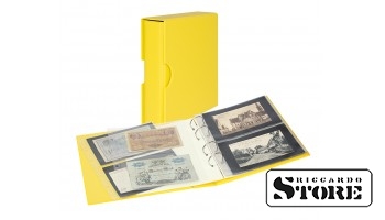 Universal banknote album PUBLICA M COLOR in yellow (Solino) with matching protective slipcase. Includes 10 double-sided Multi Collect sheets in 2 pocket formats.