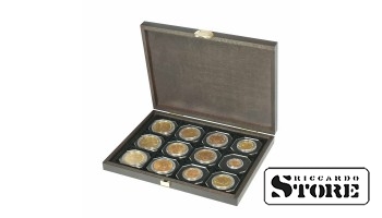 CARUS XM wooden cassette with 12 square compartments for coins/coin capsules with an external diameter of 52 mm.
