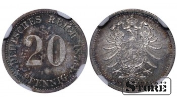 Saksamaa, 20 pfennigit, 1876. aasta, H (Hannover), hõbe, NGC MS 64 Top Pop
