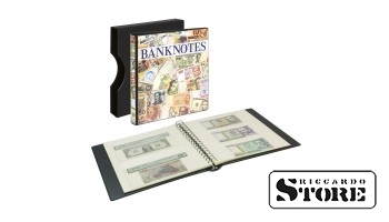 Banknote album with 10 transparent pages (2 types), white interleaves, and protective slipcase, model 814.