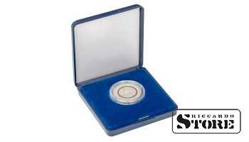 Elegant coin case with a blue tray designed for storing coins or capsules with an outer diameter of up to 34 mm. Perfect for displaying and protecting collectible coins.