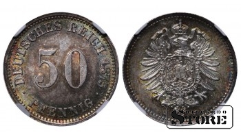 Saksamaa impeerium, 50 pfennigit, 1875. aasta, J (Hamburg), hõbe, NGC MS 64 Top Pop