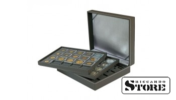 NERA XL case with 3 inserts and velvet-covered trays for placing 60 coin frames 50x50 mm / CARRÉE coin capsules / OCTO coin capsules