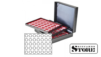 NERA XL cassette with 3 inserts and light red velvet-covered tablets for storing 105 coins with a diameter of 32.5 mm, for example, for storing silver coins from Germany with a 20/10 euro denomination.