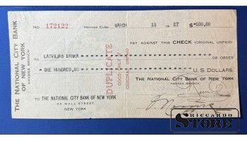 Cuba Havana 1927 Cheque 100 Dollars