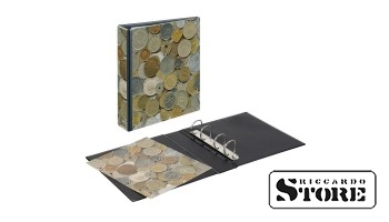 Empty PUBLICA M ring binder with "Coins" design.