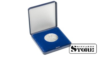 Case with blue velvet insert for storing coins and coin capsules up to 33 mm in diameter. Provides secure protection and convenient storage for collectors.