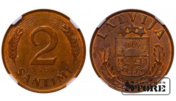 Latvia, 2 Santimi, 1939, NGC, MS 64 BN