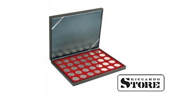 NERA M case with a dark red insert for 35 round compartments for coins with a diameter of 32.5 mm, for example, to store German silver coins with a denomination of 20/10 euros.
