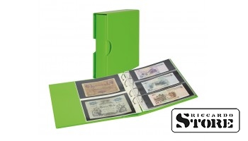 Universal banknote album PUBLICA M COLOR in green (Spring) with matching protective slipcase. Includes 10 double-sided Multi Collect sheets in 2 pocket styles.