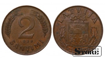 1939 Latvia 2 Santimi Bronze Coin KM#11.2