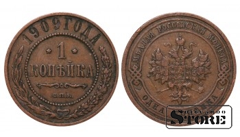 1909 Николай II Россия Медная Монета Редкая 1 копейка Y# 9 #RI1928