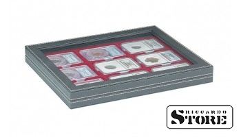 NERA M PLUS case with dark red tray for storing 9 slabbed coins sized 63x85 mm from American grading companies