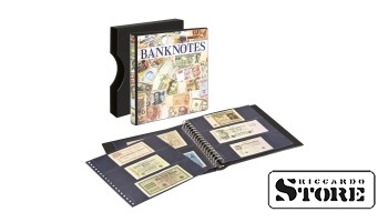 Banknote album with 10 transparent pages (2 types), black interleaves, and protective slipcase, model 814.