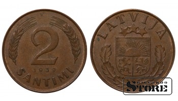1939 Latvia 2 Santimi Bronze Coin KM#11.2